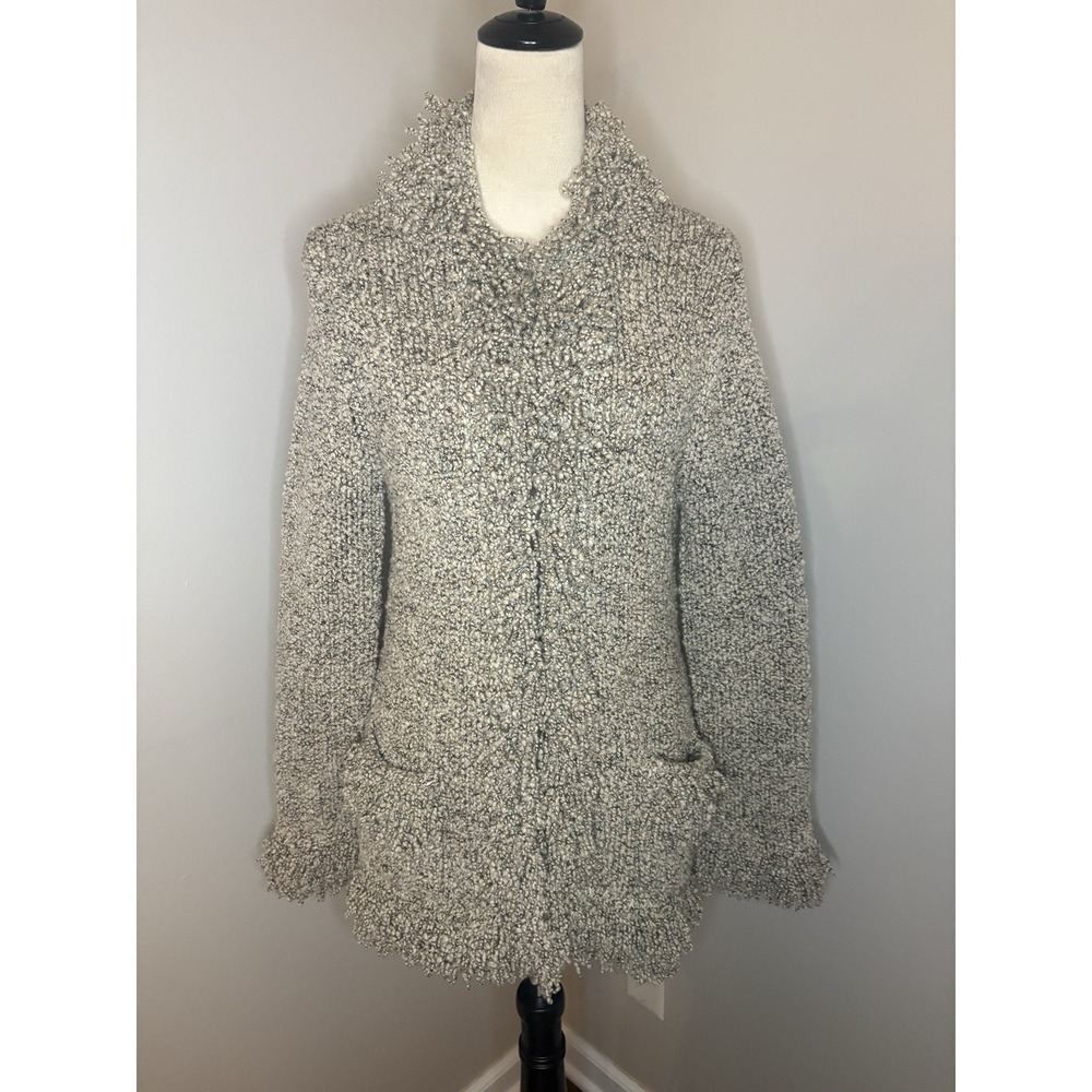 Vtg Nine West Penny Lane Shag Trim Boucle Sweater Coat Greige Brown M Y2K Boho
